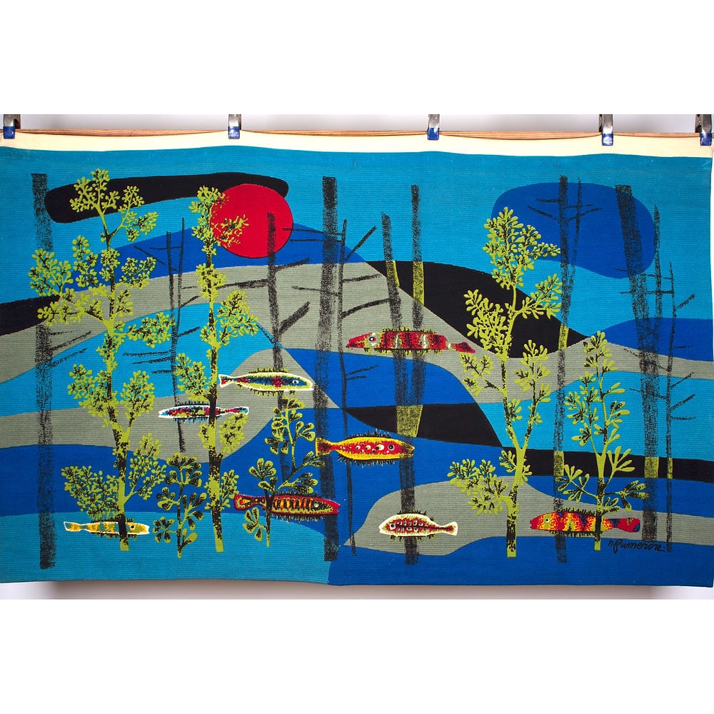 Fumeron tapestry blue Calypso wool fabric Robert Four signed - 2