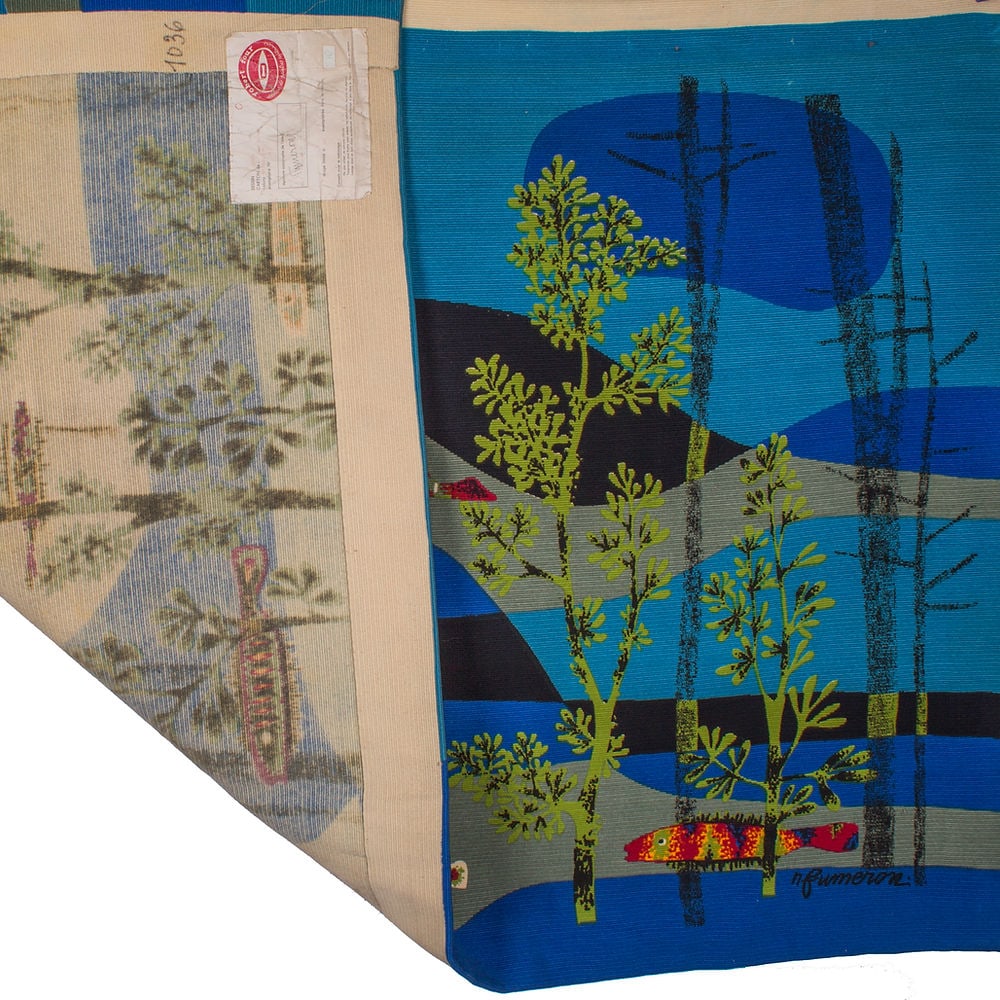 Fumeron tapestry blue Calypso wool fabric Robert Four signed - 5