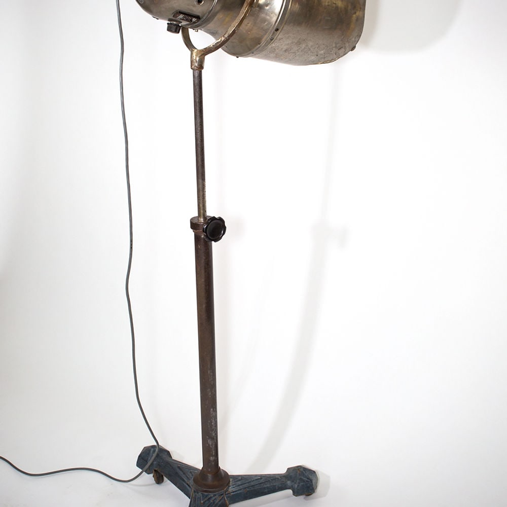 FRENCH ART DECO PROFESSIONAL HAIR DRYER REFURBISHED AS FLOOR LAMP SPOT: French Art Deco professional hair dryer used in hair salon in the 1920's refurbished as a floor lamp , spot light , the motor has been removed to be replaced by a ceramic socket with new wire, interes