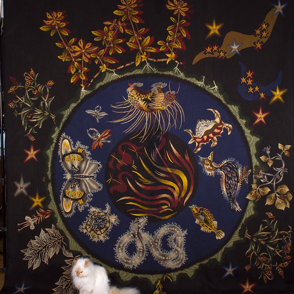 Aubusson Jean Lurcat hand weaved Tabard Frères et Soeurs, Aubusson Kosmos: Jean LURCAT (1892-1966) for carton and ATELIER TABARD lissier in AUBUSSON , Kosmos tapestry, signed, monogram of the Tabard workshop, ribbon on the reverse with the title, marked "Carton n °