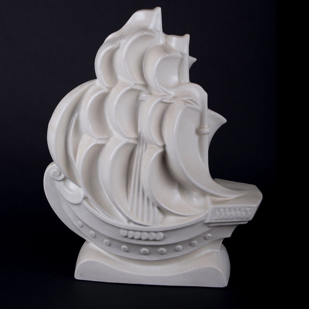 French Art Deco craquele Crackle Ceramic decorative art: Crackled porcelain art piece were very popular during the art deco period 1920-1940 , this sailing boat can be found as a decorative feature in an office created by Marcel Gascoin in 1930 , bringing s