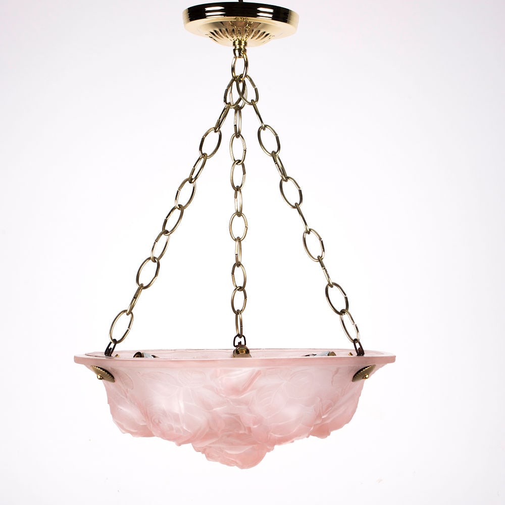 FRENCH ART DECO CHANDELIER GLASS MULLER Rose flower motive pink - 2