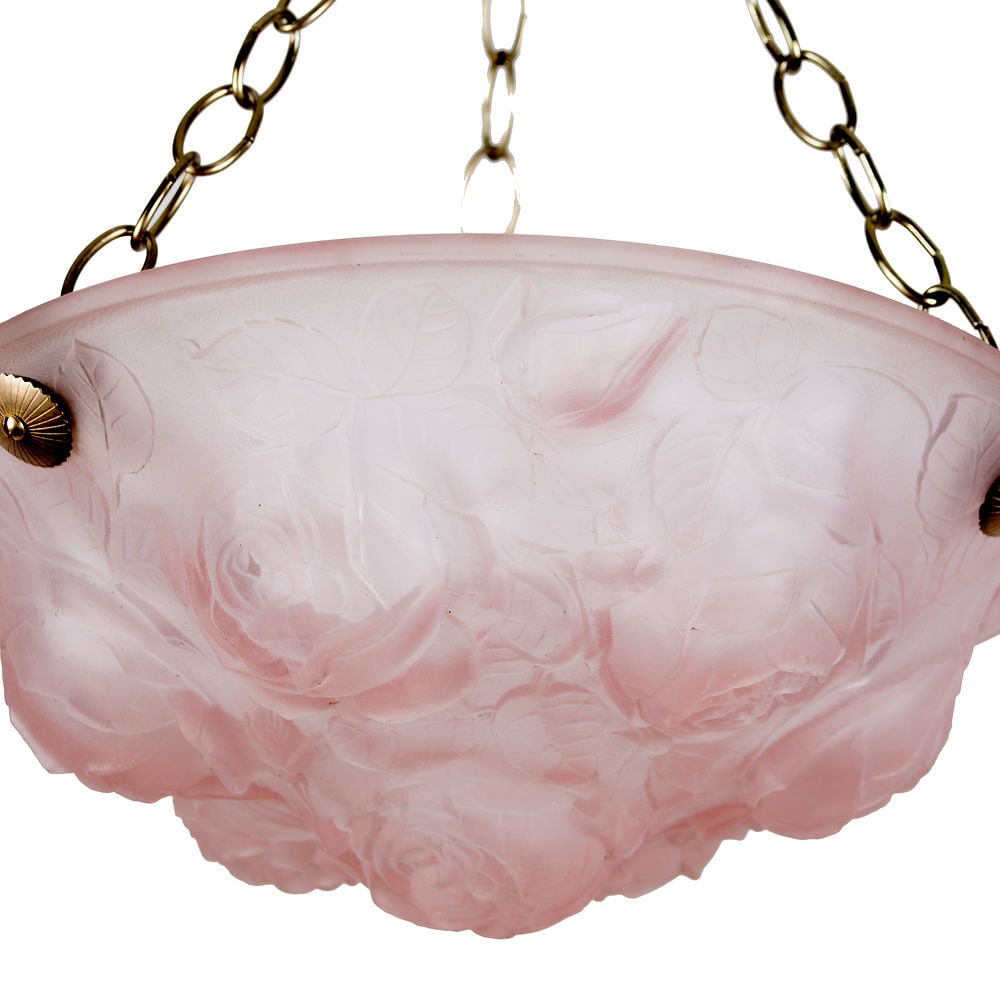 FRENCH ART DECO CHANDELIER GLASS MULLER Rose flower motive pink - 4