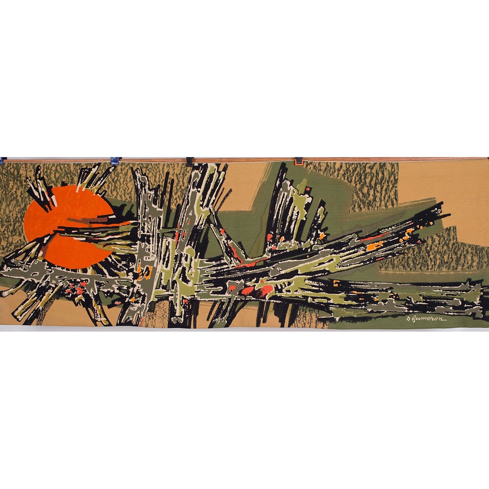 Long Fumeron tapestry Samourai wool fabric Robert Four signed: Born on August 9, 1921 in Payroux, in southern Vienne, René Fumeron remains above all known for his tapestries. He signed more than 1,000, woven in Aubusson in the Creuse and at the Gobelins in P