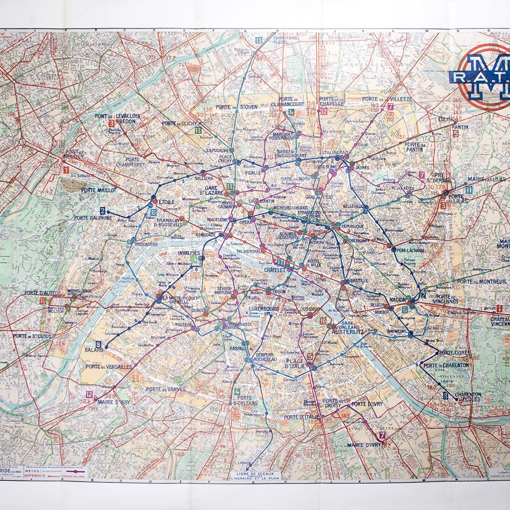 Large Paris subway map with numbered lines 1953 Tarride: Large Paris bus stop map with numbered lines edited by Tarride circa 1953 , The Taride publishing house was created in 1852 by Alphonse Taride who was one of the first to make road, tourist and school