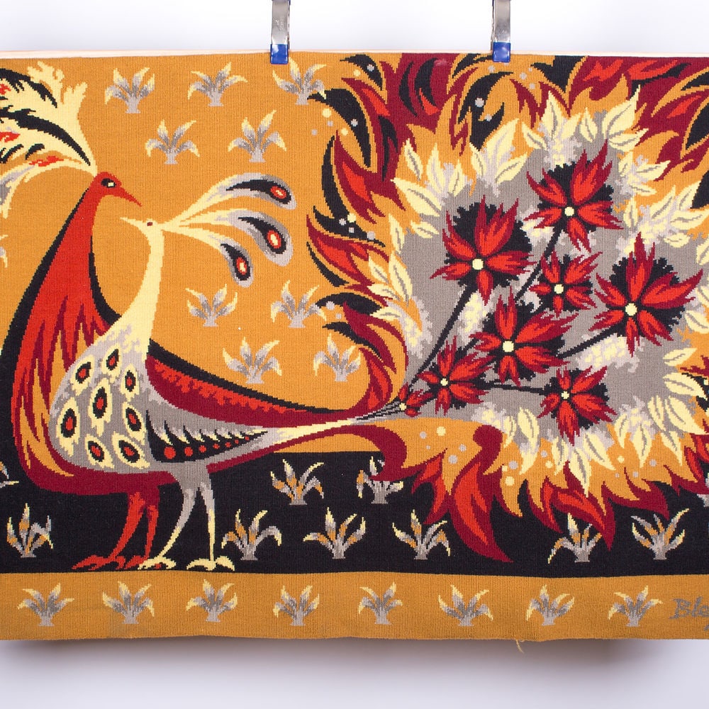 copy of Claude Bleynie mecanic jacquart tapestry mid century: Born in Paris, he settled in Levallois in 1955, his career was very diverse: from tapestry to embroidery, to "Métabiles", pottery and composite materials (reliefs) on canvas. He studied at the Ec