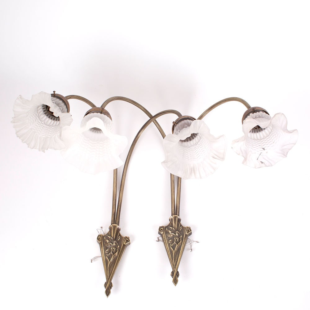 Pair of FRENCH ART DECO Sconces MOLDED GLASS: Made in France in the early 1920's this pair of sconce is a transition piece from the art nouveau to the art deco movement ,rewired with American socket , brass mounting , the glass is very thick .It