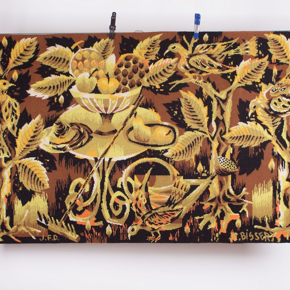 Jean Claude Bissery mid century Autumn wool tapestry on a jacquard metier: JC BISSERY, editor JEdition French Center for Carpets and tapestries mecanical point, hand signed by the artist and the publisher, Bissery is associated on an equal footing with Picart-Ledoux. Both we