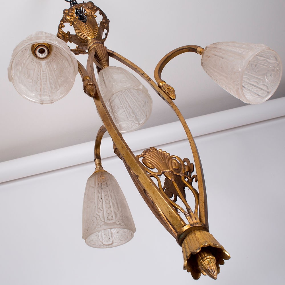 FRENCH Art-Deco Chandelier Muller gold leafed pressed glass - 2