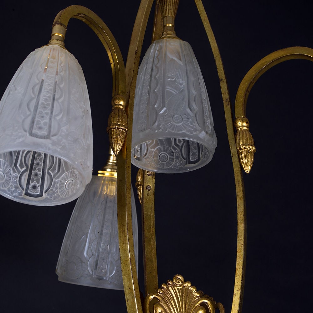 FRENCH Art-Deco Chandelier Muller gold leafed pressed glass - 4
