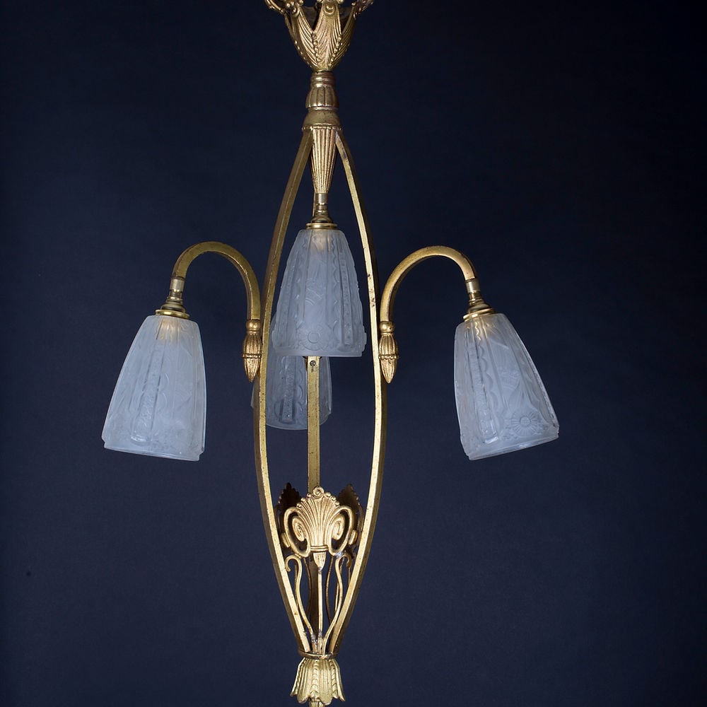 FRENCH Art-Deco Chandelier Muller gold leafed pressed glass - 5