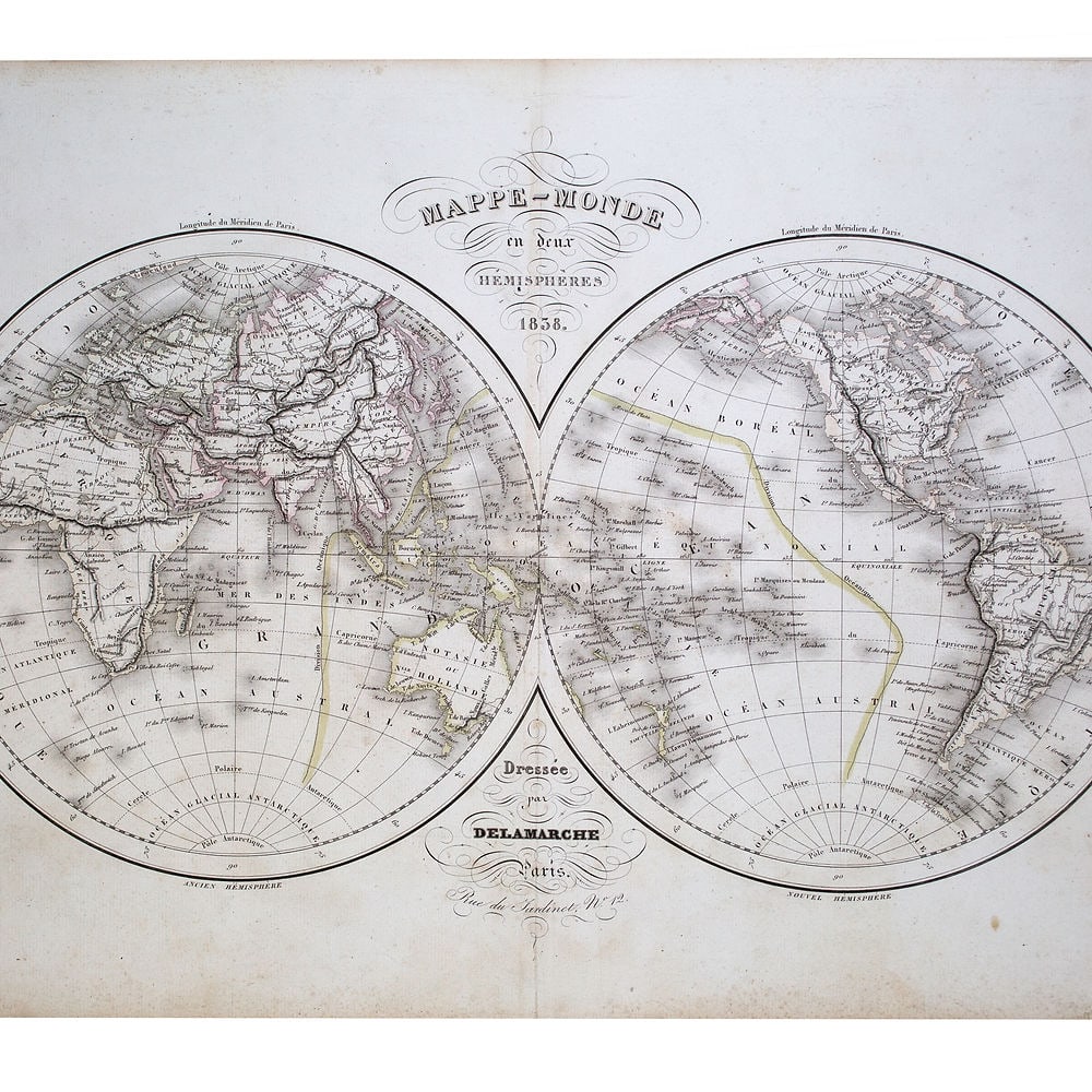Antique Felix Delamarche Vaugondy Mappemonde Double hemisphere world map 1838: Charles-Francois Delamarche (1740-1817), the founder of the family firm was one of the most important French geographers and mapmakers of the second half of the eighteenth century. Successor to Nicola