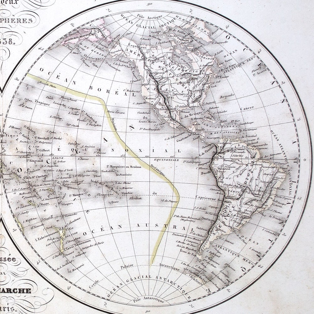 Antique Felix Delamarche Vaugondy Mappemonde Double hemisphere world map 1838 - 2
