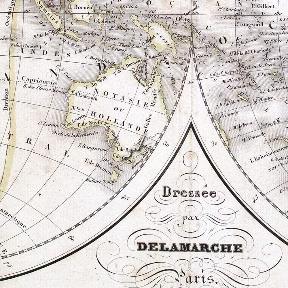 Antique Felix Delamarche Vaugondy Mappemonde Double hemisphere world map 1838 - 4