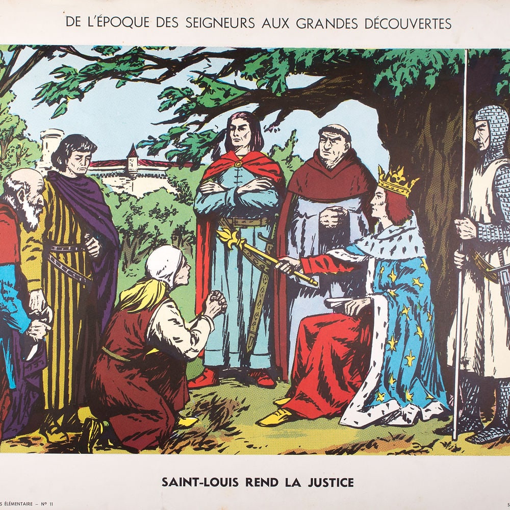Vintage History French School Poster, Sudel , plate 11 and 15 double si: Original educational history poster for elementary school, printed by the Imprimerie Georges Lang. Carries a vibrant offset print on both sides of the paper. This features No.11 and 15 from the Tablea