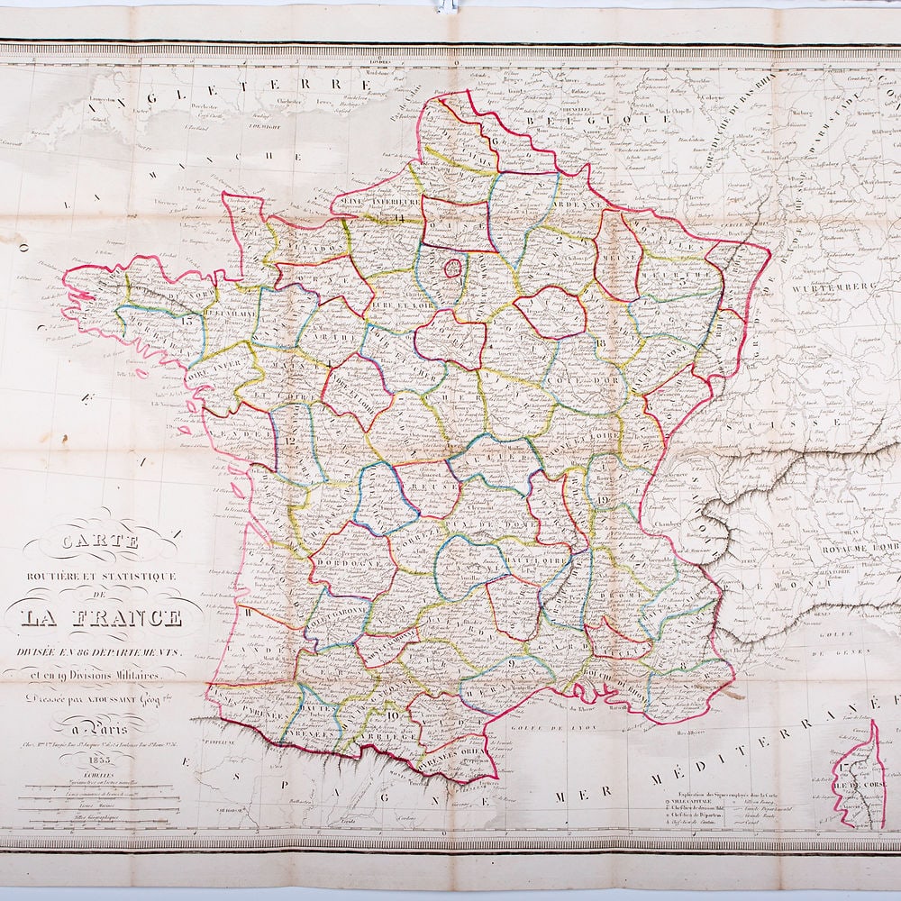 French road map of France published by Avar Toussaint 1833: Toussaint's map were utilized in a number of different publications that included several folding maps, some of which included Paris and diferents country . This example is quite scarce, printed on a