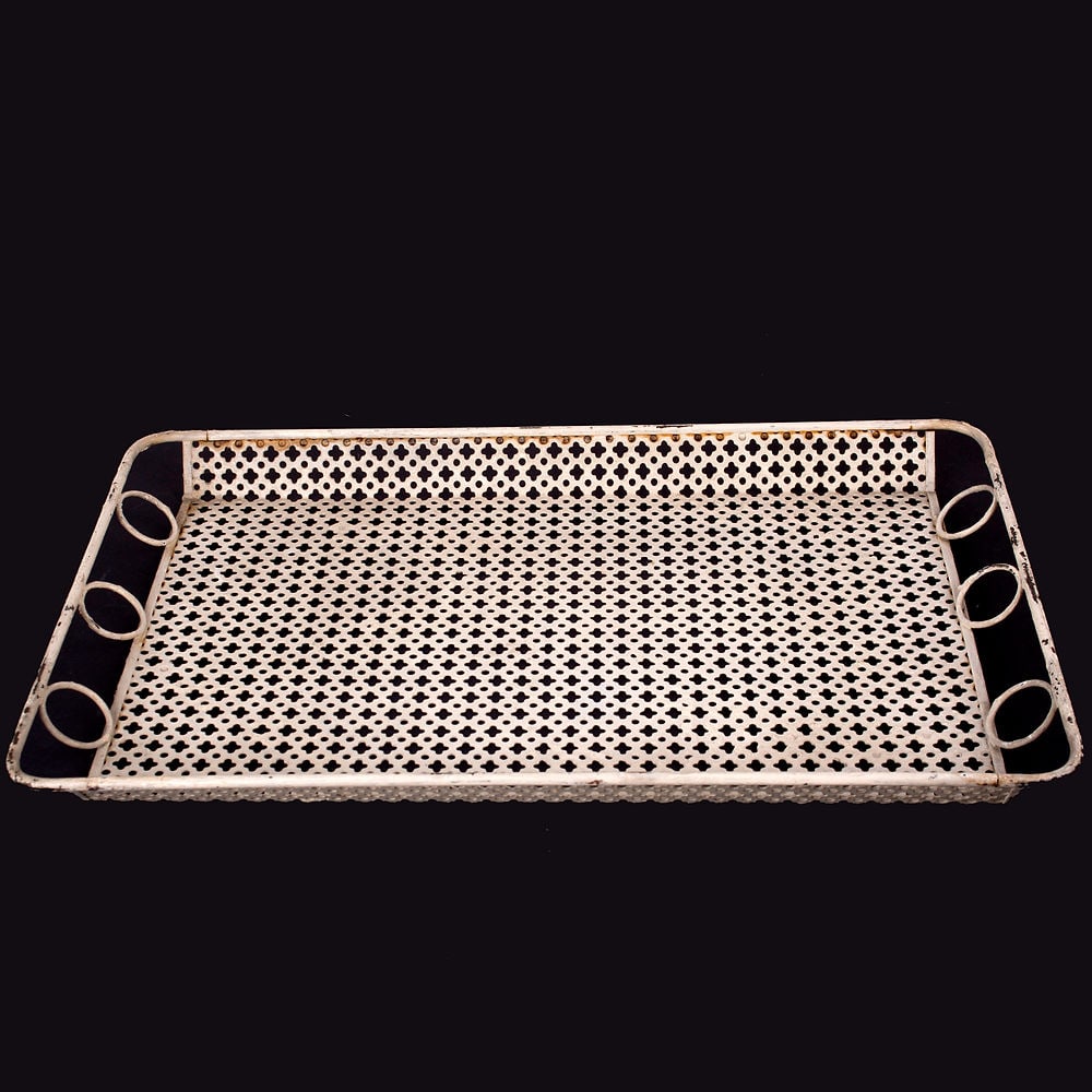 FRENCH MODERNIST serving tray MATEGOT Mid century: FRENCH MODERNIST serving tray MATEGOT Mid century; French modernist serving tray made in the 1950's by Mathieu Mategot , it is made with his trademark bent metal rigitulle adding a whimsical effect .H