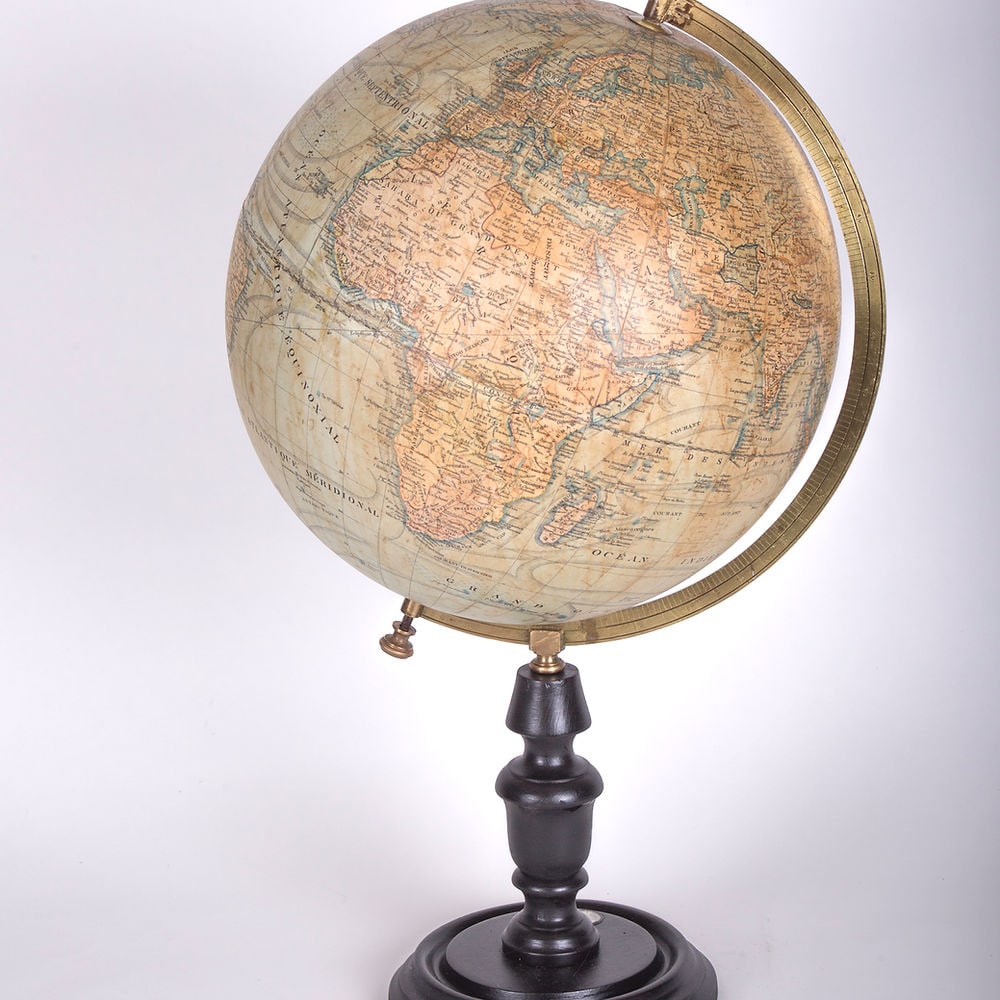 1890 LEBEGUE 12" FRENCH TERRESTRIAL GLOBE ANTIQUE: This 12 inches French globe has "Lebegue and Cie " on its tag , Paris (J. LEBEGUE & CIE / EDITES. / 30, rue de Lille, / PARIS). They also come as J. L & C for the smaller size, this company was a Scho