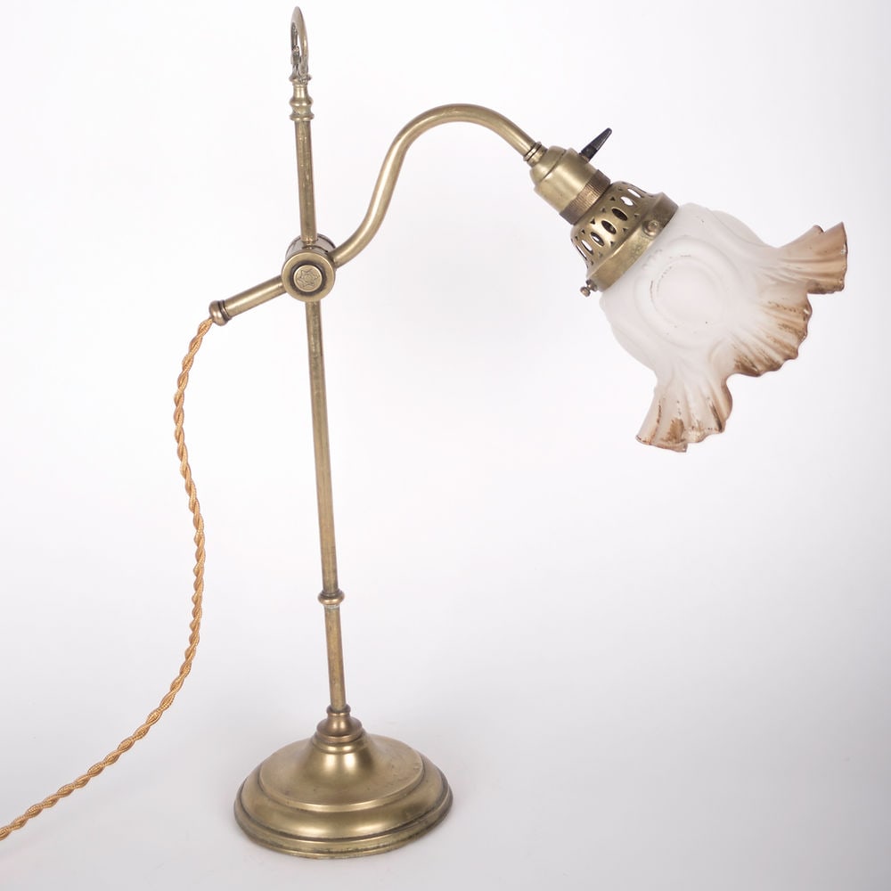 Brass FRENCH ART DECO Desk lamp Monix: Made in France in the late 1920's early 1930's this desk lamp is fitted with an an unsigned Schneider globe .The metal mounting is a Monix which was the brand of Maxime Lokiec a Paris based company (3