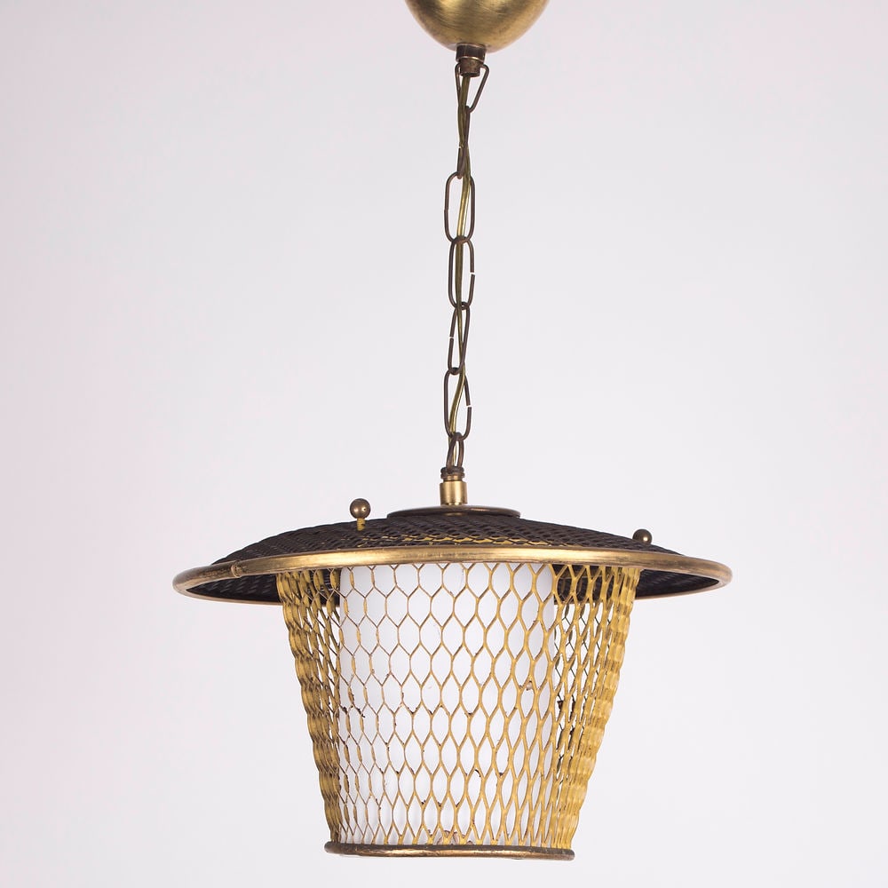 FRENCH modernist lantern pendant Mathieu Mategot: Made in France in the late 1950's early 1960's this pendant is most likely inspired by Mategot or possibly his creation . Original brass , some oxidation with a glass opaline insert , rewired and refi