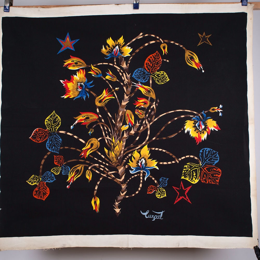 FRENCH silkscreen TAPESTRY JEAN Lurcat MODERNIST COROT: Made in France in the 1950 this cotton tapestry reflect the democratic desire of that time to produce affordable art . Neo fantastic and influenced by art nouveau movement Lurcat tapestry use the voca