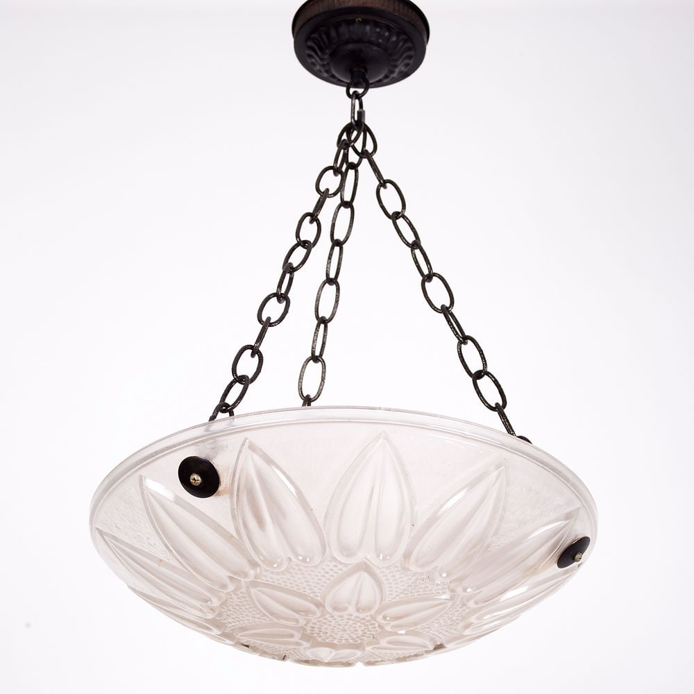 FRENCH Art-Deco Chandelier Sabino clear pressed glass: Made in France in the late 1920's early 1930's, this chandelier is most likely a Sabino . While unsigned, the quality clearly matched their creation; hand sanded and etched after being molded. It is t