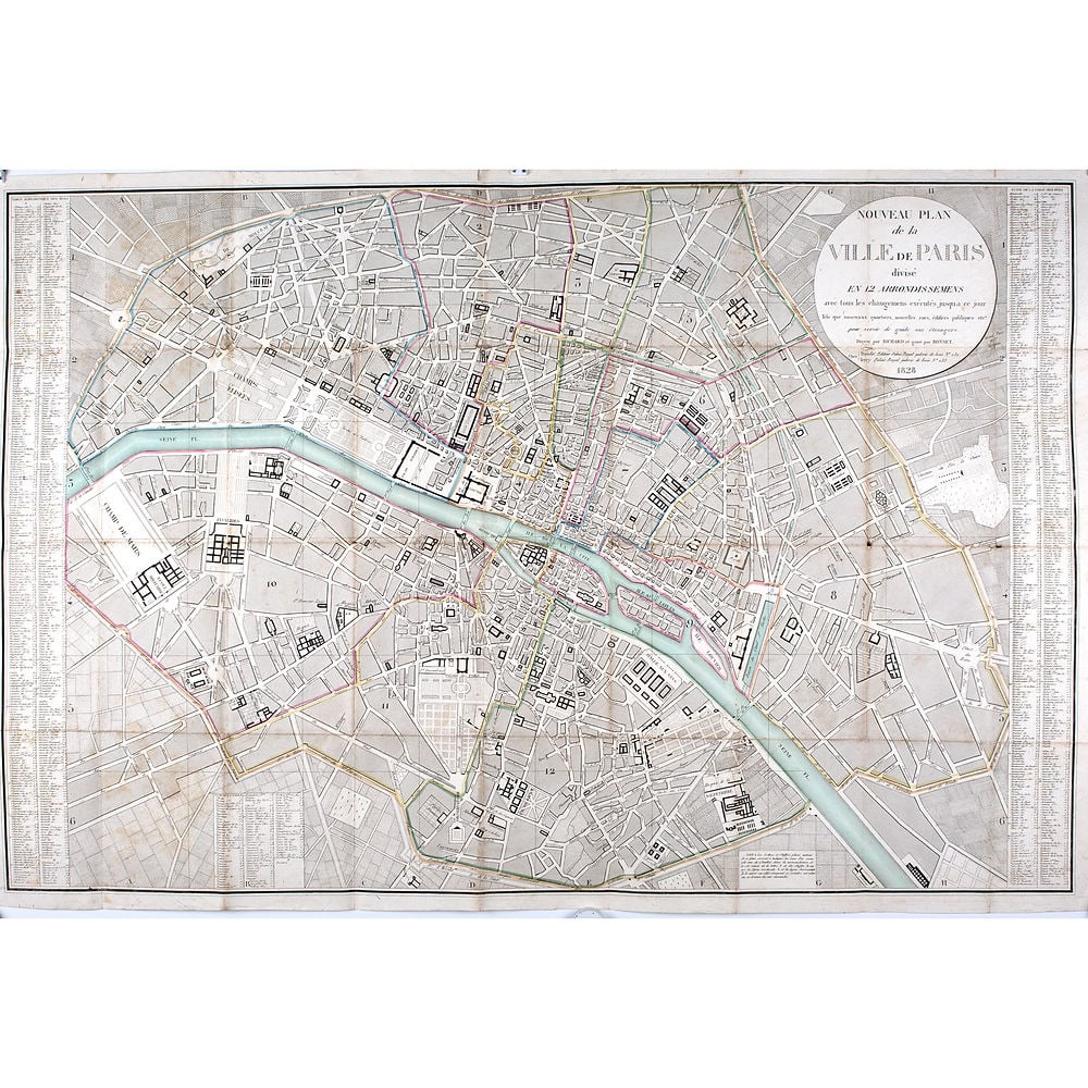 1828 large French map Nouveau plan de la ville de Paris 12 arrondissements: Nouveau plan de la ville de Paris divisé en 12 arrondissements avec tous les changements executes jusqu'à ce jour tel que nouveaux quartiers, nouvelles rues, édifices publics etc pour s