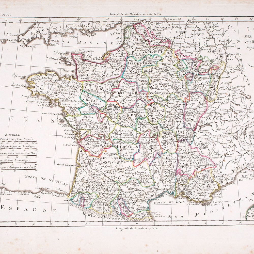 French map of France published by Bonne 1779: Rigobert Bonne (6 October 1727 – 2 September 1794) work represents an important step in the evolution of the cartographic ideology away from the decorative work of the 17th and early 18th centur