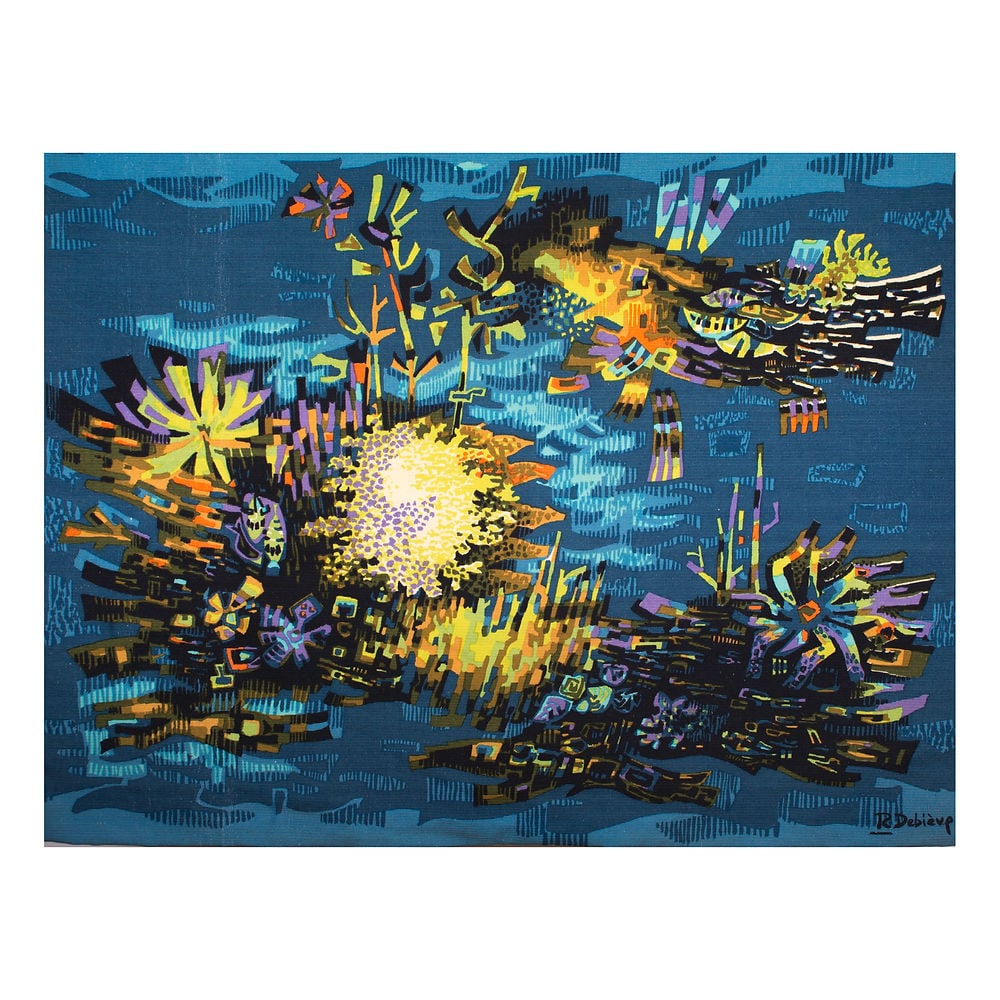 FRENCH TAPESTRY Debieve MODERNIST AUBUSSON seascape: Made in France in the 1960 this wool tapestry reflect the democratic desire of that time to produce affordable art . Those tapestry are to be placed on wall to bring an organic feel to a mid century i