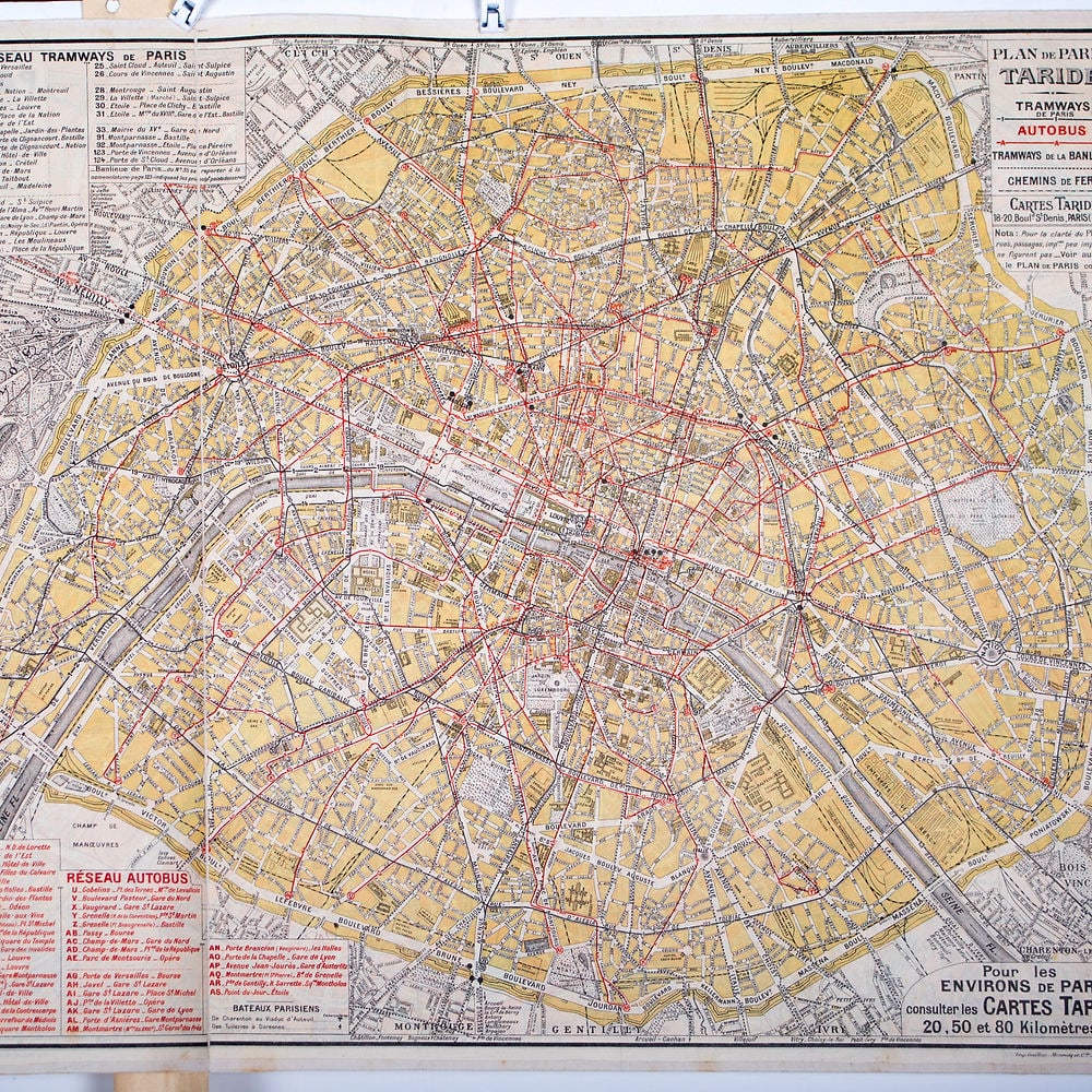 Large Paris Tramway/bus map lines 1920 Taride linen backing: Large Paris tramway/bus with lines edited by Taride circa 1920 , The Taride publishing house was created in 1852 by Alphonse Taride who was one of the first to make road, tourist and school maps and a