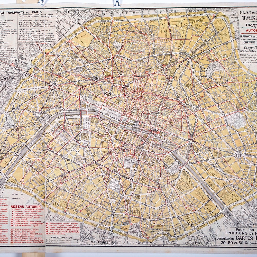 Large Paris Tramway/bus map lines 1920 Taride linen backing - 2
