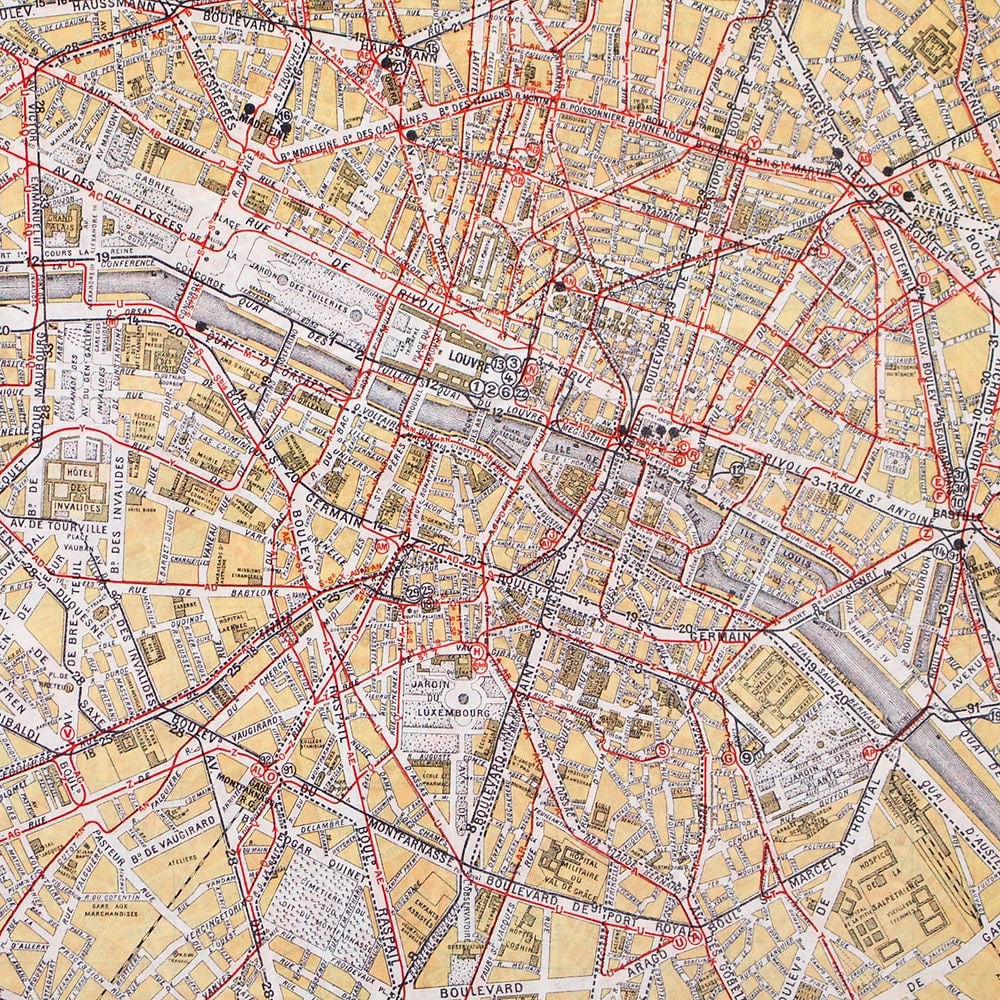 Large Paris Tramway/bus map lines 1920 Taride linen backing - 3
