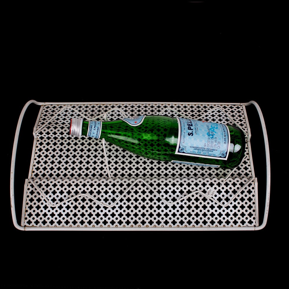 FRENCH MODERNIST Set bottle and Glass carrier MATEGOT Mid century RIGITULLE: French modernist container/ desk basket made in the 1950's by Mathieu Mategot , it is made with his trademark bent metal rigitulle adding a whimsical effect .He designed furniture and object for a sho
