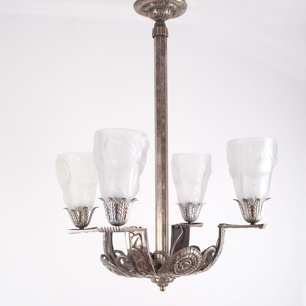 FRENCH Art Deco CHANDELIER Brass nickeled plated Degue (1 of 9)