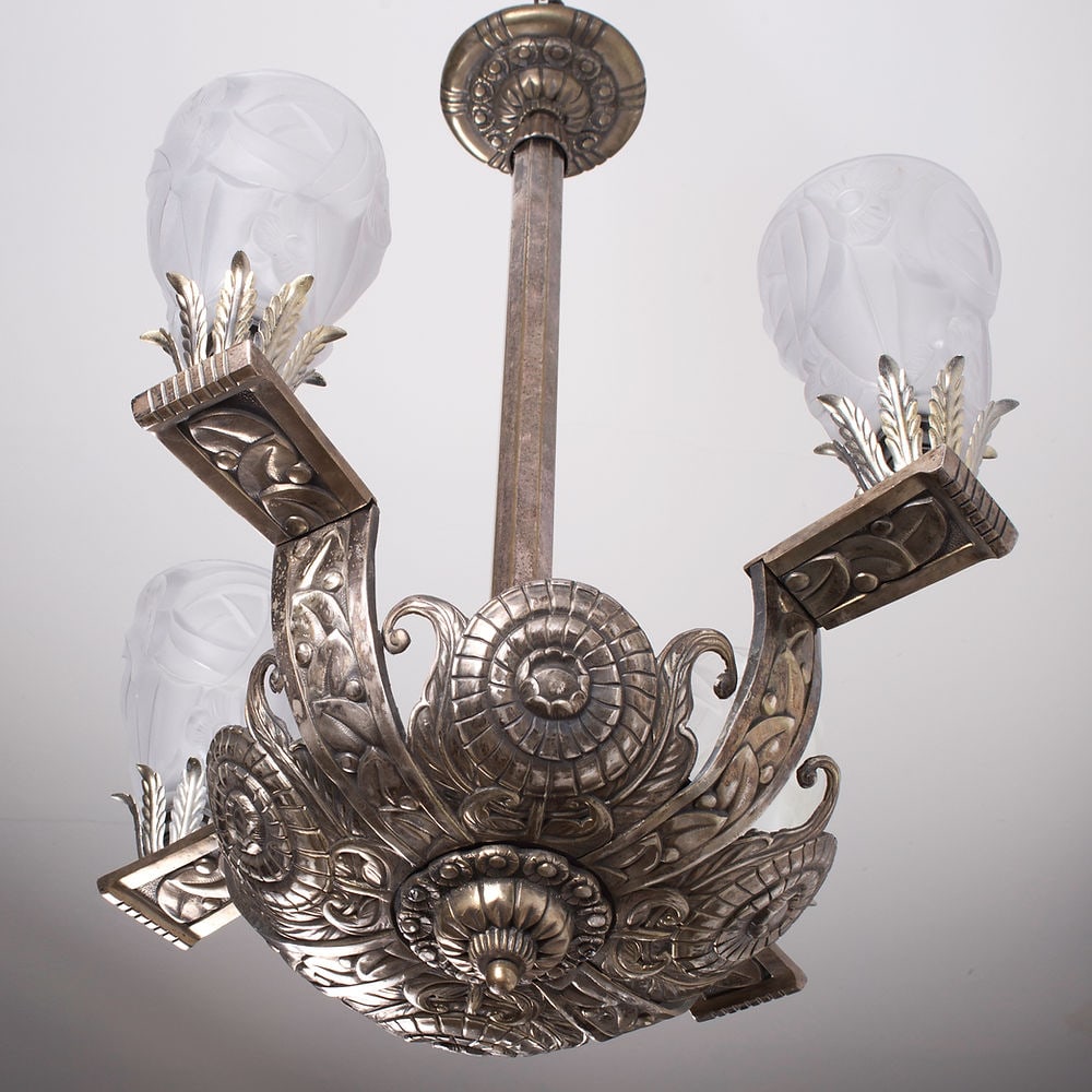 FRENCH Art Deco CHANDELIER Brass nickeled plated Degue - 2