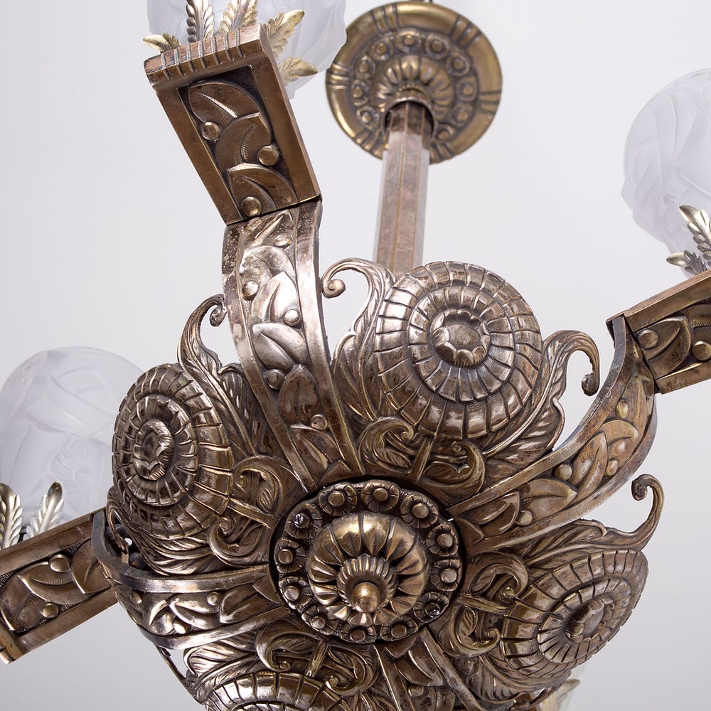 FRENCH Art Deco CHANDELIER Brass nickeled plated Degue - 3