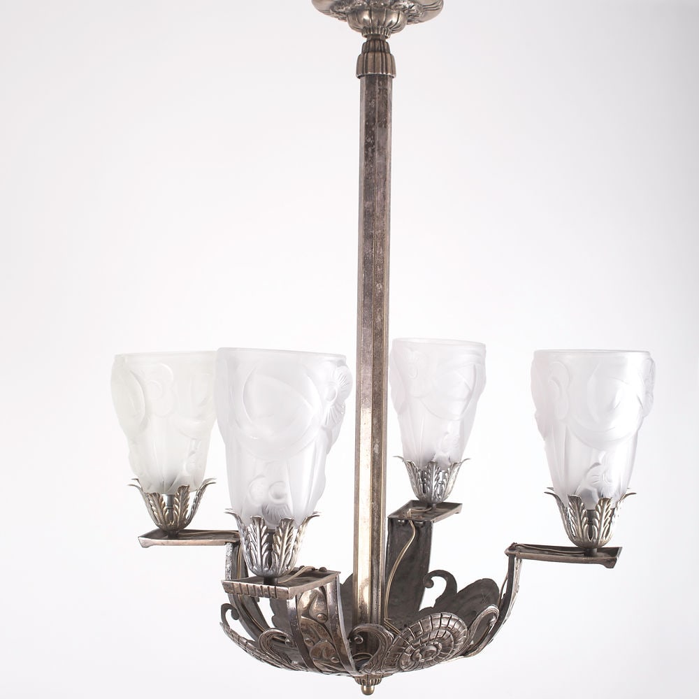 FRENCH Art Deco CHANDELIER Brass nickeled plated Degue - 4
