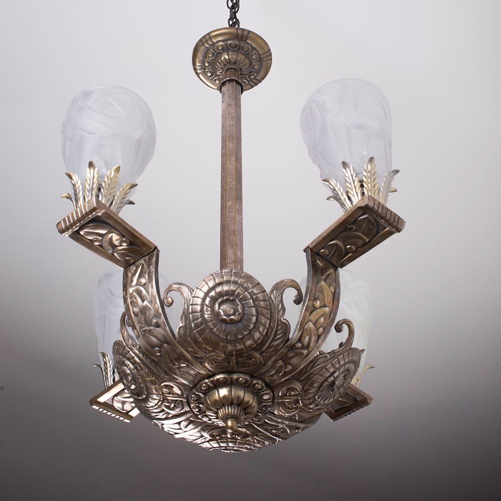 FRENCH Art Deco CHANDELIER Brass nickeled plated Degue - 5