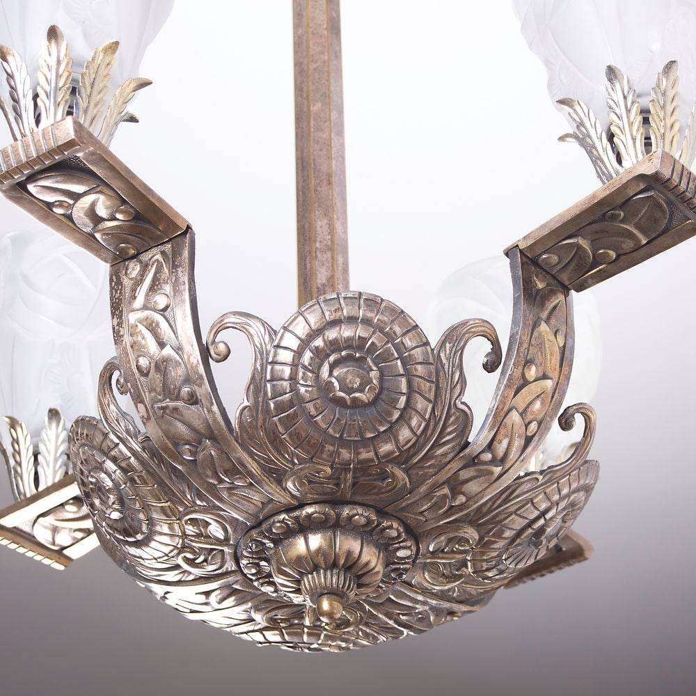 FRENCH Art Deco CHANDELIER Brass nickeled plated Degue - 9