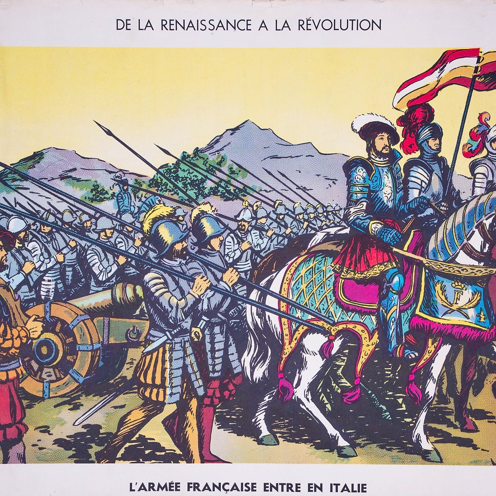 Vintage History FrenchSchool Poster, Georges Lang (No. 17 & 21) - Double-Sided: Original educational history poster for elementary school, printed by the Imprimerie Georges Lang. Carries a vibrant offset print on both sides of the paper. This features No. 17 and 21 from the Table