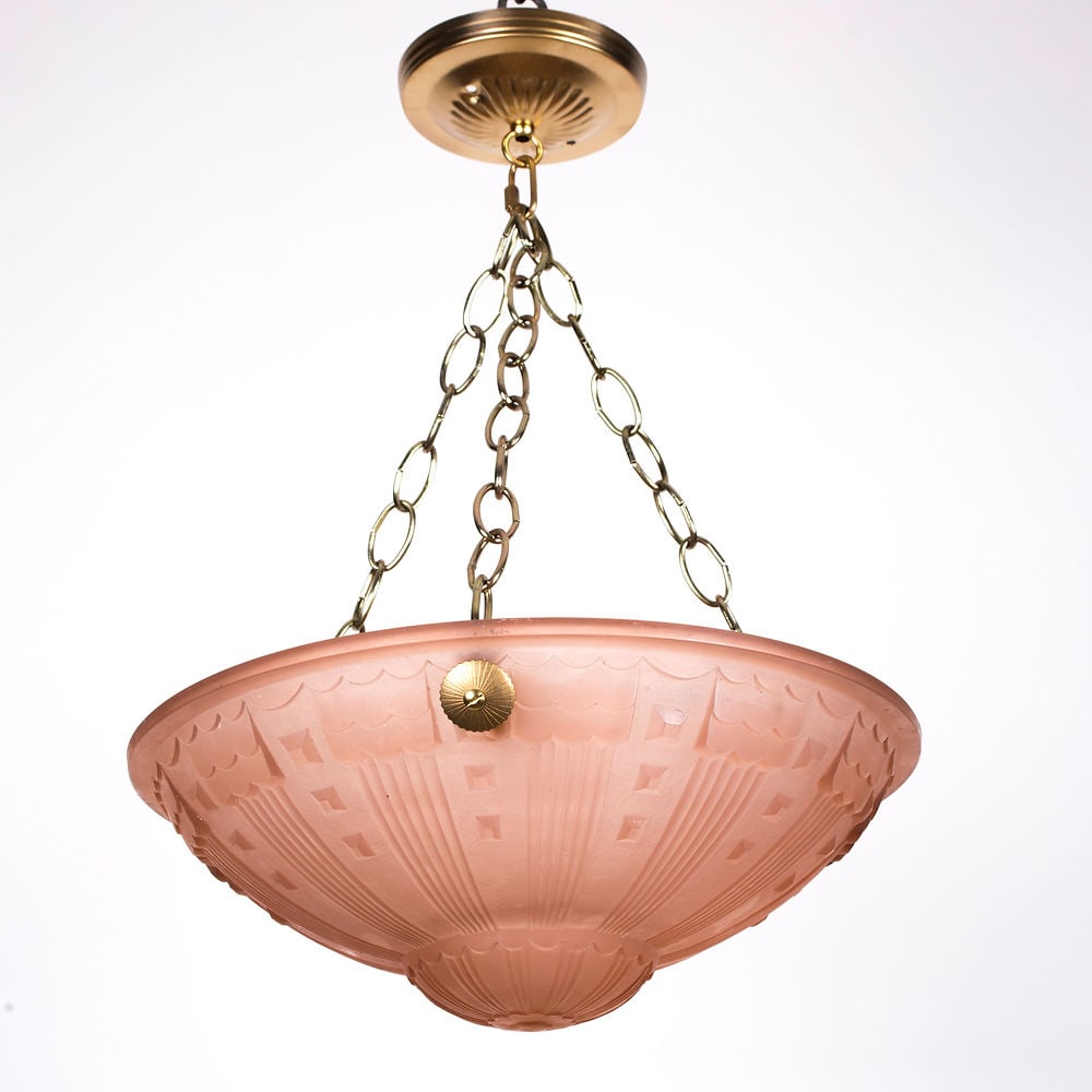 FRENCH ART DECO CHANDELIER MOLDED MULLER CUBIST: This chandelier, crafted in France during the late 1920s to early 1930s, is an unsigned piece by the Muller brothers , whose renowned work was highly desired for their chandeliers and art glass