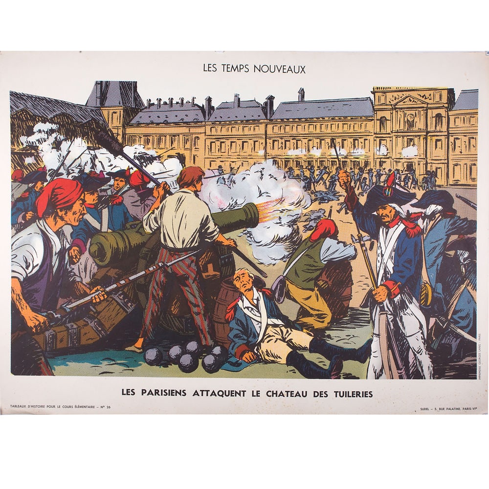 Vintage History French School Poster, Sudel , plate 26 double side1950: Original educational history poster for elementary school, printed by the Imprimerie Georges Lang. Carries a vibrant offset print on both sides of the paper. This features No. 26 from the Tableaux d'H