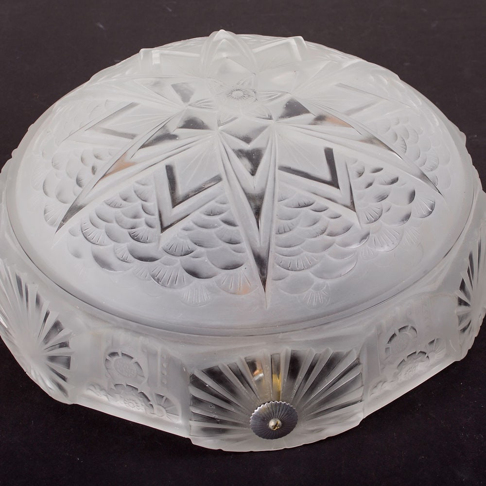 Large FRENCH ART DECO CHANDELIER GLASS MULLER cubist motive - 4