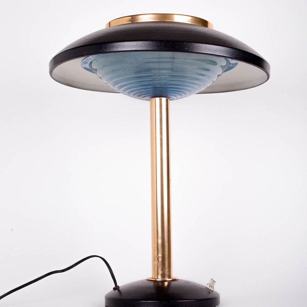 French mid century Solere Lamp: It looks like Solere was inspired by the Timor Lamp designed by Kalf for Phillip with it its center gold tone post .In the 1950s, Ferdinand Solère created a series of lamps for professionals