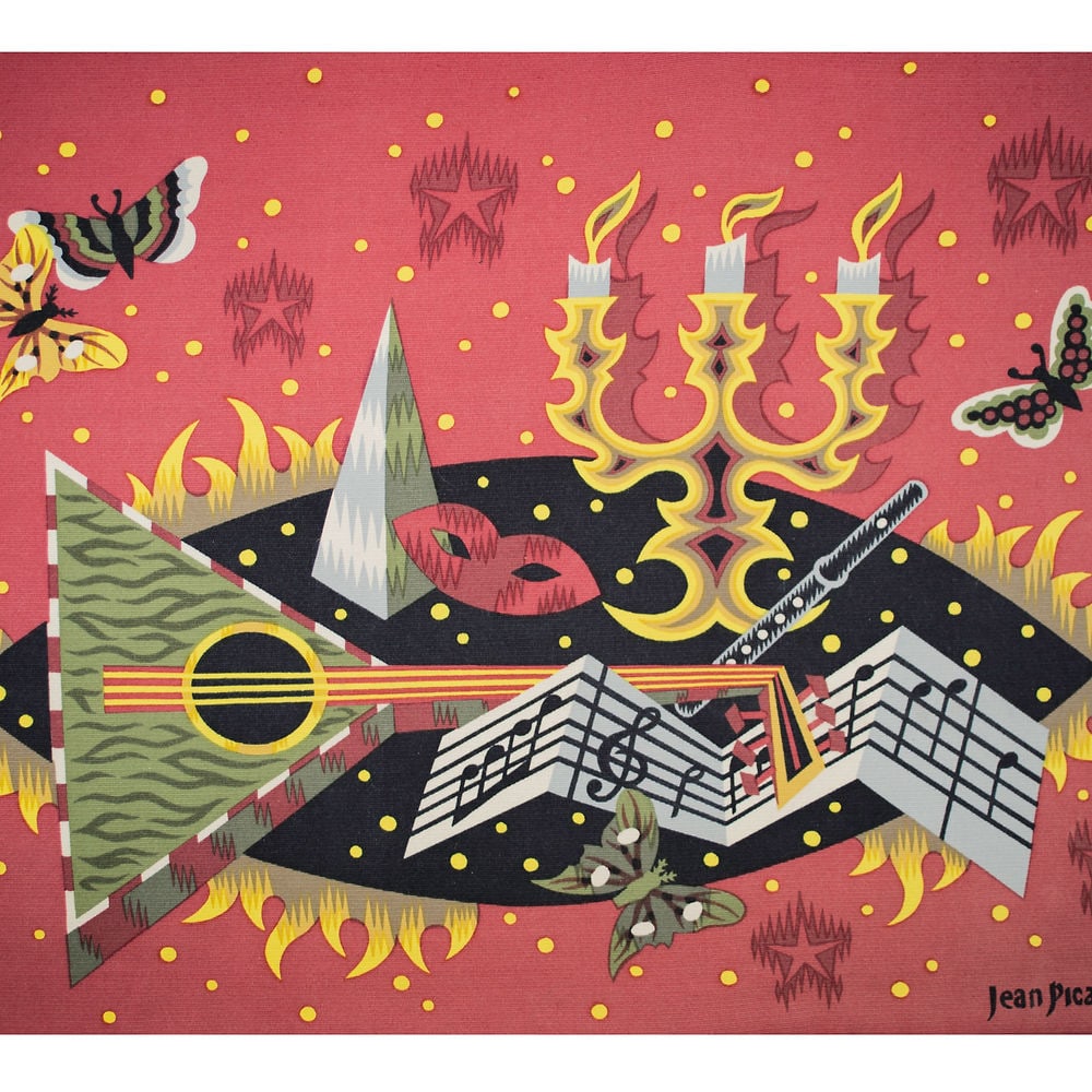 FRENCH TAPESTRY JEAN PICART LEDOUX MODERNIST AUBUSSON MID CENTURY Robert Four: Created in France in the 1950 this cotton tapestry reflect the democratic desire of that time to produce affordable art . Neo fantastic and influenced by the cubist movement Picart Ledoux tapestry use