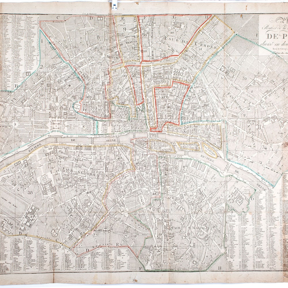 1825 large French map of Paris plan routier de la Ville et faubourg Herisson: Large engraving of Paris and its surrounding area dated 1825 , cooper engraving in the manner of the Turgot map , Herisson geographer , a Paris, chez Jean, Rue St Jean de Beauvais, N° 10,; It is 