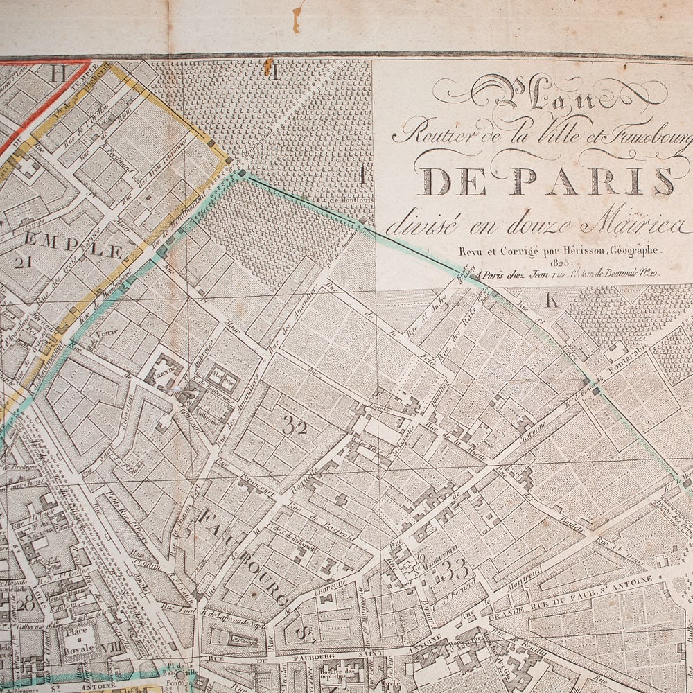 1825 large French map of Paris plan routier de la Ville et faubourg Herisson - 3