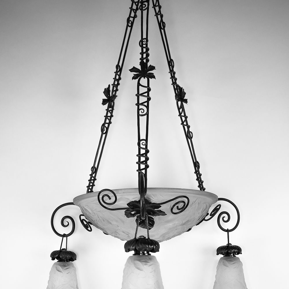 FRENCH ART DECO CHANDELIER MOLDED Molded GLASS CUBIST MULLER Poppy Motive: Made in France in the late 1920's early 1930's this Chandelier is in the manner of Muller ,while unsigned the quality clearly matched their creation .Those were hand sanded and etched after being