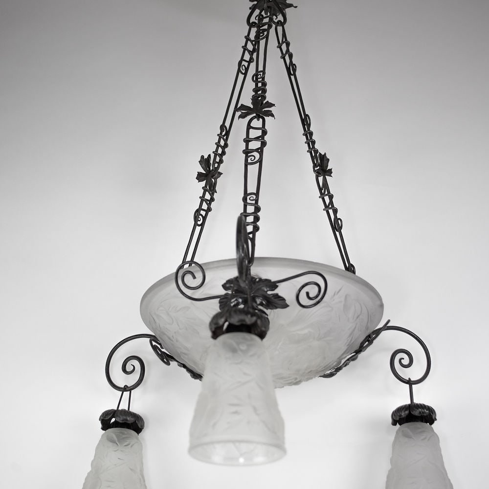 FRENCH ART DECO CHANDELIER MOLDED Molded GLASS CUBIST MULLER Poppy Motive - 2