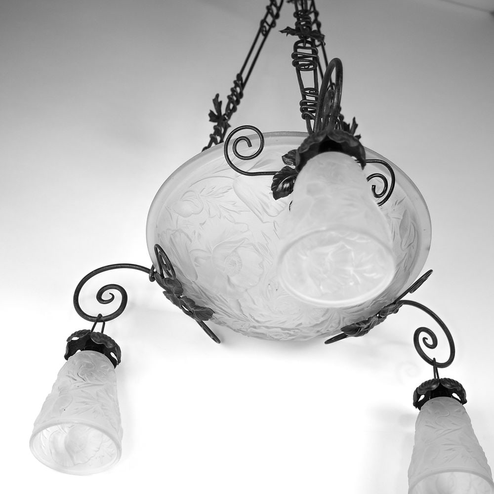 FRENCH ART DECO CHANDELIER MOLDED Molded GLASS CUBIST MULLER Poppy Motive - 3